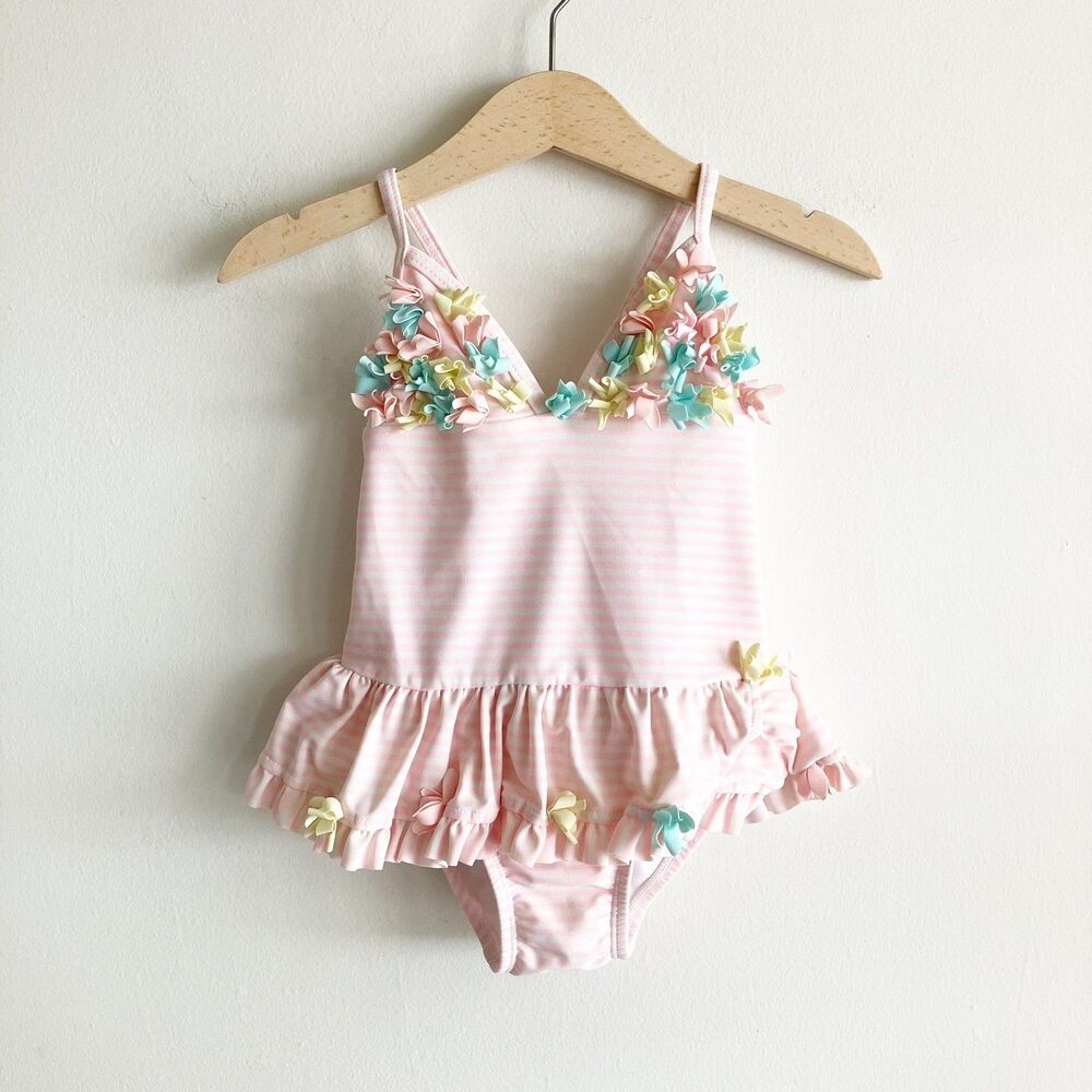 Little Me One Piece Swimsuit Baby Girl 24M Pink Striped Ruffle Skirt Embellished